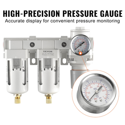 Ρυθμιστής φίλτρου αεροσυμπιεστή VEVOR, Διαχωριστής νερού αεροσυμπιεστή 3/8&quot; NPT 5μm, Σύστημα στεγνώματος αέρα ημιαυτόματου αποστράγγισης με στοιχείο φίλτρου ορείχαλκου, Διπλή βαθμίδα, Ρυθμιστής πίεσης 7,5-125 PSI, Poly Bowl
