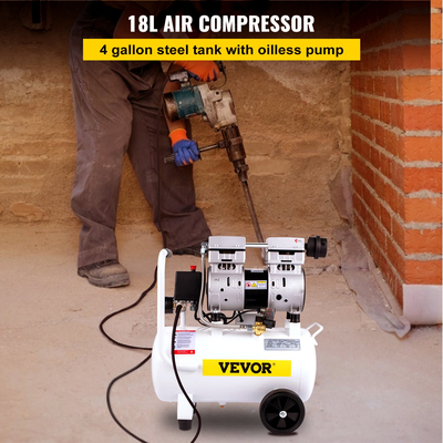 VEVOR Air Compressor, Δεξαμενή αεροσυμπιεστή 18L/4 Gallon, φορητό κιτ αεροσυμπιεστή χωρίς λάδι 1,1HP 850W για γκαράζ, Ultra Quiet, 115PSI, 5,9CFM, 1440RPM, για φούσκωμα ελαστικών,Ανακαίνιση σπιτιού, Εργαλεία αέρα