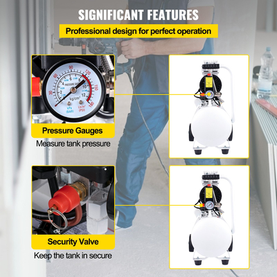 VEVOR Air Compressor, Δεξαμενή αεροσυμπιεστή 18L/4 Gallon, φορητό κιτ αεροσυμπιεστή χωρίς λάδι 1,1HP 850W για γκαράζ, Ultra Quiet, 115PSI, 5,9CFM, 1440RPM, για φούσκωμα ελαστικών,Ανακαίνιση σπιτιού, Εργαλεία αέρα