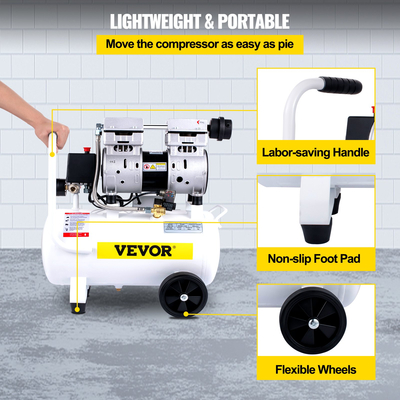 VEVOR Air Compressor, Δεξαμενή αεροσυμπιεστή 18L/4 Gallon, φορητό κιτ αεροσυμπιεστή χωρίς λάδι 1,1HP 850W για γκαράζ, Ultra Quiet, 115PSI, 5,9CFM, 1440RPM, για φούσκωμα ελαστικών,Ανακαίνιση σπιτιού, Εργαλεία αέρα