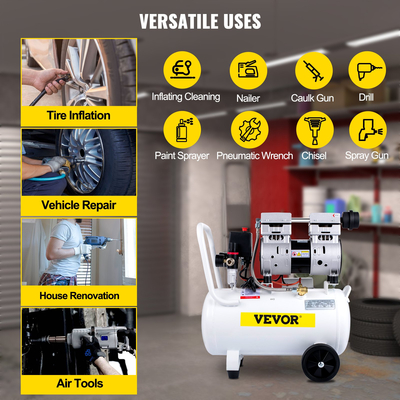 VEVOR Air Compressor, Δεξαμενή αεροσυμπιεστή 30L/6,6Gallon, φορητό κιτ αεροσυμπιεστή χωρίς λάδι 1,1HP 850W για γκαράζ, Ultra Quiet, 115PSI, 5,9CFM, 1440RPM, για φούσκωμα ελαστικών,Ανακαίνιση σπιτιού, Tool