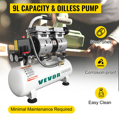 VEVOR Air Compressor 2 Galllon Ultra Quiet Αερόσυμπιεστής χωρίς λάδι 9L Αθόρυβος Αεροσυμπιεστής Δεξαμενής 550W Συμπιεστής χωρίς λάδι Χαμηλού θορύβου με ασφαλή ηλεκτρομαγνητική βαλβίδα