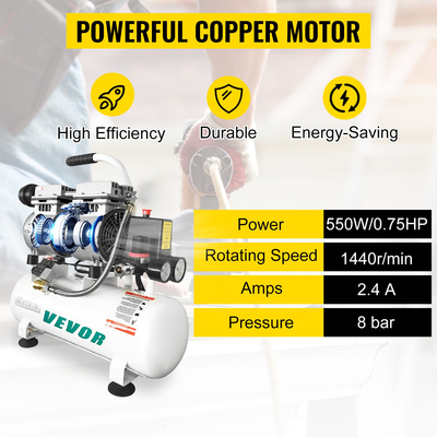 VEVOR Air Compressor 2 Galllon Ultra Quiet Αερόσυμπιεστής χωρίς λάδι 9L Αθόρυβος Αεροσυμπιεστής Δεξαμενής 550W Συμπιεστής χωρίς λάδι Χαμηλού θορύβου με ασφαλή ηλεκτρομαγνητική βαλβίδα