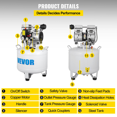 VEVOR Vertical Air Compressor 8,8 Gallon Ultra Quiet Air Compressor 40L Tank Silent Air Compressor 850W Oil free Compressor Χαμηλό θόρυβο