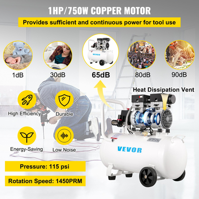VEVOR Air Compressor 11 Gallon, Ultra Quiet Air Compressor 1 HP, Oil-free Air Compressor Steel Tank 750W, Portable Air Compressor 8 bar, Ultra Quiet Compressor για επισκευή στο σπίτι, Φούσκωμα ελαστικών