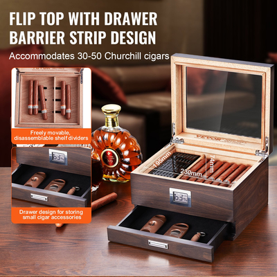 VEVOR 50 Cigar Humidor Glasstop Cedar Cigar Box Υγραντήρας &amp; υγρόμετρο &amp; συρτάρι