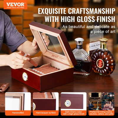 VEVOR 50 Cigars Humidor Glasstop Cedar Cigar Storage Box Υγρόμετρο υγραντήρα