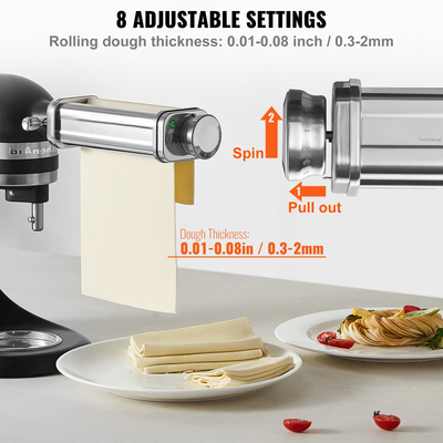Εξάρτημα ζυμαρικών VEVOR για μίξερ με βάση KitchenAid, σετ ρολού κοπής ζυμαρικών από ανοξείδωτο χάλυβα που περιλαμβάνει ρολό φύλλου ζυμαρικών, κόφτη σπαγγέτι και φετουτσίνι, 8 ρυθμιζόμενο πάχος πόμολο ζυμαρικών, 3 τεμ.