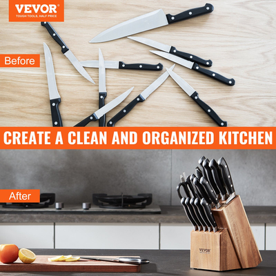 VEVOR Knife Storage Block 15 Υποδοχές, Ξύλο Acacia Universal θήκες για μαχαίρια χωρίς μαχαίρια, μεγάλη διάταξη οργάνωσης μαχαιριών κρεοπωλείου πάγκου, πολυλειτουργική βάση σχάρα μαχαιριών για εύκολη αποθήκευση στην κουζίνα