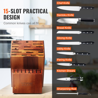 VEVOR Knife Storage Block 15 Υποδοχές, Ξύλο Acacia Universal θήκες για μαχαίρια χωρίς μαχαίρια, μεγάλη διάταξη οργάνωσης μαχαιριών κρεοπωλείου πάγκου, πολυλειτουργική βάση σχάρα μαχαιριών για εύκολη αποθήκευση στην κουζίνα