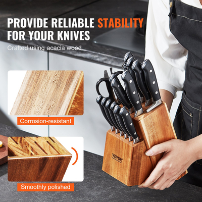 VEVOR Knife Storage Block 15 Υποδοχές, Ξύλο Acacia Universal θήκες για μαχαίρια χωρίς μαχαίρια, μεγάλη διάταξη οργάνωσης μαχαιριών κρεοπωλείου πάγκου, πολυλειτουργική βάση σχάρα μαχαιριών για εύκολη αποθήκευση στην κουζίνα
