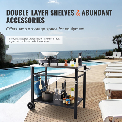 Καροτσάκι τραπεζαρίας VEVOR εξωτερικού χώρου με διπλό ράφι, φορητό τραπέζι προετοιμασίας φαγητού BBQ, επιτραπέζιο επιτραπέζιο πολυλειτουργικό ανοξείδωτο ατσάλι, φορητά αρθρωτά καρότσια για φούρνο πίτσας, τραπέζι εργασίας με 2 ρόδες, λαβή μεταφοράς