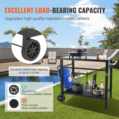 Καρότσι τραπεζαρίας VEVOR εξωτερικού χώρου ψησταριά με διπλό ράφι, φορητό τραπέζι προετοιμασίας φαγητού μπάρμπεκιου, πολυλειτουργικό σιδερένιο τραπέζι, φορητό αρθρωτά καρότσια για φούρνο πίτσας, τραπέζι εργασίας με 2 ρόδες, λαβή μεταφοράς, μαύρο