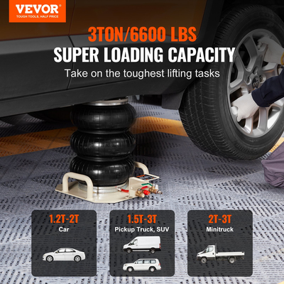 VEVOR Air Jack, 3 Ton/6600 lbs Triple Bag Air Jack, Air Bag Lift έως 450 mm, 3-5S Fast Lifting Pneumatic Jack, με πλαϊνές λαβές για αυτοκίνητα, γκαράζ, επισκευή (μπεζ)