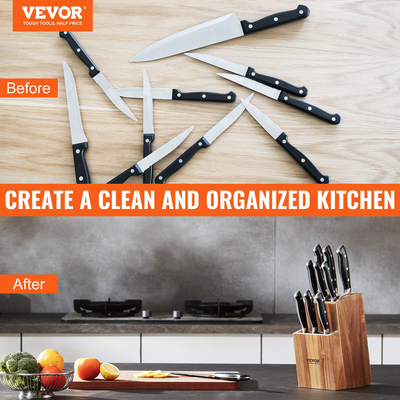 Βάση μαχαιριού VEVOR Universal, Μπλοκ μαχαιριών ξύλου ακακίας χωρίς μαχαίρια, βάση αποθήκευσης μαχαιριών δύο επιπέδων με βούρτσα PP, πολύ μεγάλη πολυλειτουργική ξύλινη διάταξη οργάνωσης μαχαιριών, σχάρα μαχαιριών για πάγκο κουζίνας