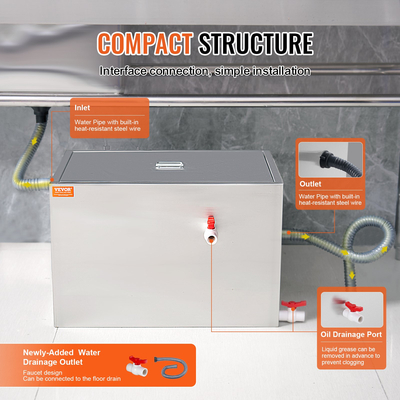 VEVOR Commercial Grease Trap, 40 LBS Grease Interceptor, Πλαϊνή Int Interceptor, Under Sink Graase Steel Trap, 10 GPM Waste Water διαχωριστής λαδιού-νερού, για οικιακή κουζίνα καντίνας εστιατορίου