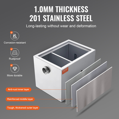 VEVOR Commercial Grease Trap, 8 LBS Grease Interceptor, Side Int Interceptor, Under Sink Lase Trap από ανοξείδωτο ατσάλι, 2,8 GPM Διαχωριστής λυμάτων λαδιού-νερού, για οικιακή κουζίνα καντίνας εστιατορίου