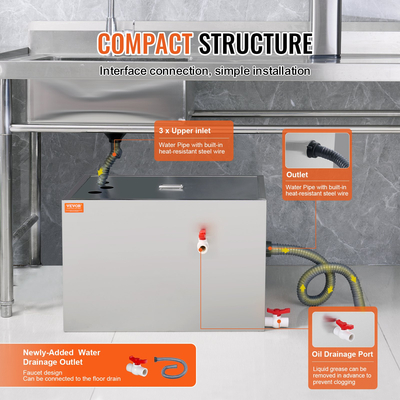 VEVOR Commercial Grease Trap, 40 LBS Grease Interceptor, Top Int Interceptor, Under Sink Graase Trap, 10 GPM Waste Water διαχωριστής λαδιού-νερού, για οικιακή κουζίνα καντίνας εστιατορίου