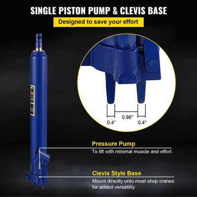 VEVOR Hydraulic Long Ram Jack, χωρητικότητας 8 Tons/17363 lbs, με μονοέμβολη αντλία και βάση Clevis, Χειροκίνητος επιλογέας Cherry με λαβή, για γερανούς γκαράζ/καταστήματος, ανυψωτικό κινητήρα, μπλε