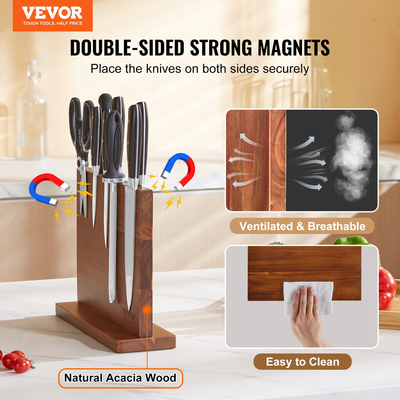 VEVOR Magnetic Knife Block, 12 ιντσών θήκη για μαχαίρια κουζίνας σπιτιού, Μαγνητική βάση μαχαιριών διπλής όψης, ράφι μαχαιριών από ξύλο ακακίας αποθήκευσης πολλαπλών λειτουργιών, οργάνωση οθόνης μαχαιροπήρουνων για μαχαίρια, σκεύη, εργαλεία