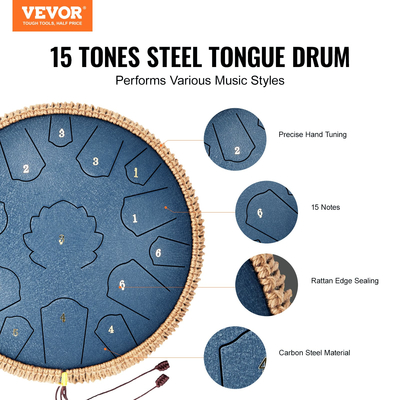 VEVOR Steel Tongue Drum 14 in 15 Rain Drum for Outside C Major Navy Blue