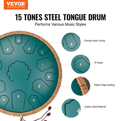 VEVOR Steel Tongue Drum 14 σε 15 Νότες Rain Drum για Outside D Major Green
