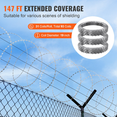 VEVOR Razor Wires, 147 ft Razor Barbed Wire, 3 Rolls Razor Wire Fence περίφραξη ξυραφιού, Razor Ribbon Razor Wire Γαλβανισμένος φράχτης ξυραφιού, Rolls Razor for Garden