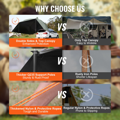 VEVOR Vehicle Awning, Large 10&#039; x 7&#039; Shade Coverage Πλαϊνή τέντα αυτοκινήτου, PU2000mm UV50+ Τέντα αυτοκινήτου με εκτεταμένα πλαϊνά κουβούκλια και φορητή τσάντα αποθήκευσης, Κατάλληλη για φορτηγά, SUV, Van, Campers