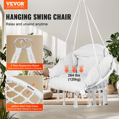 VEVOR αιώρα Swinging Chair Macramé Κρεμαστή καρέκλα με μαξιλάρι εσωτερικού &amp; εξωτερικού χώρου