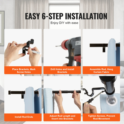 Κουρτινόξυλα VEVOR Διπλά κουρτινόξυλα, 72-144 ίντσες (6-12 πόδια) Ρυθμιζόμενο μήκος, Μαύρα διπλά κουρτινόξυλα με τελάρο καπακιού, διάμετρος 1&quot; και 3/4&quot;, ράβδος διπλού παραθύρου για διαφανείς κουρτίνες και κουρτίνες συσκότισης