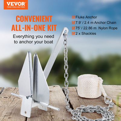 VEVOR Fluke Style Anchor Kit, Άγκυρα Fluke από γαλβανισμένο χάλυβα 8,5 LBS εν θερμώ με αλυσίδα 7,9&#039;, σχοινί 75&#039; και δύο δεσμά 0,4 ιντσών, άγκυρα θαλάσσιου σκάφους για μικρά σκάφη κάτω των 18&#039;, θάλασσες, ποτάμια και ακτές