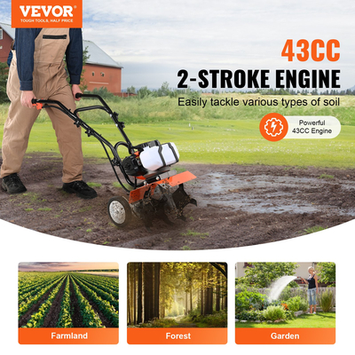 VEVOR Tiller Cultivator Gas Powered, 43CC 2-Stroke Garden Cultivator, Tiller με 4 ρυθμιζόμενα μπροστινά δόντια από χάλυβα για καλλιέργεια γκαζόν, κήπου και εδάφους