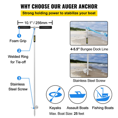 VEVOR Sand Anchor, μήκους 36\&quot; τρυπάνι μέχρι την παραλία και Sandbar, 316 ανοξείδωτη άγκυρα με βίδα με αφαιρούμενη λαβή, γραμμή Bungee &amp; τσάντα μεταφοράς, για τζετ σκι PWC Pontoon Kayak