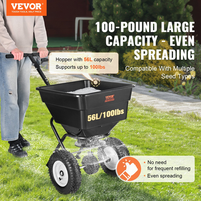VEVOR Broadcast Spreader, 100 LB Walk-Behind Turf Spreader με 12&quot; τροχούς, Steel Push Fertilizer Spreader, Garden Seder και Salt Spreader, Σχεδιασμένο για κατοικίες, αγροκτήματα και σκληρό έδαφος, μαύρο