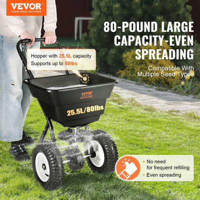 VEVOR Broadcast Spreader, 80 LB Walk-Behind Turf Spreader με 12&quot; τροχούς, Steel Push Fertilizer Spreader, Garden Seder και Salt Spreader, Σχεδιασμένο για κατοικίες, αγροκτήματα και σκληρό έδαφος, μαύρο