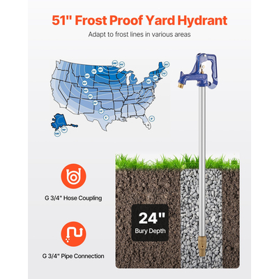VEVOR Frost Proof Yard Hydrant 51&#039;&#039; Μήκος 24&#039;&#039; Βάθος Θάψεως Βαρέως Προϋποθέσεις Χυτοσίδηρος