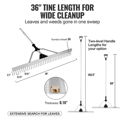 VEVOR Landscape Rake, 915mm Head Aluminum Landscape Rake, Lake Weed Rake με ρυθμιζόμενη λαβή επέκτασης 2600mm, σχοινί και πλωτήρα, για χαλάρωση εδάφους, περιποίηση γκαζόν, βοτανίζοντας λίμνη, κήπος, λίμνη