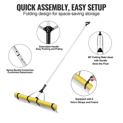 VEVOR Landscape Rake, 915mm Head Aluminum Landscape Rake, Lake Weed Rake με ρυθμιζόμενη λαβή επέκτασης 2600mm, σχοινί και πλωτήρα, για χαλάρωση εδάφους, περιποίηση γκαζόν, βοτανίζοντας λίμνη, κήπος, λίμνη