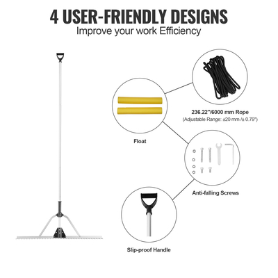 VEVOR Landscape Rake, 915mm Head Aluminum Landscape Rake, Lake Weed Rake με ρυθμιζόμενη λαβή επέκτασης 2600mm, σχοινί και πλωτήρα, για χαλάρωση εδάφους, περιποίηση γκαζόν, βοτανίζοντας λίμνη, κήπος, λίμνη