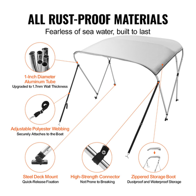 Κάλυμμα σκάφους VEVOR 3 Bow Bimini, 900D Πολυεστερικός θόλος με σκελετό από κράμα αλουμινίου 1&quot;, Αδιάβροχο και αντηλιακό, Περιλαμβάνει μπότα αποθήκευσης, 2 στύλους στήριξης, 4 ιμάντες, 6&#039;L x 46&quot;H x 67&quot;-72&quot;W, ελαφρύ Γκρί