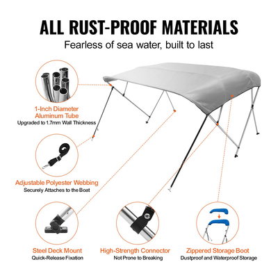 Κάλυμμα σκάφους VEVOR 4 Bow Bimini, 900D Πολυεστερικός θόλος με σκελετό από κράμα αλουμινίου 1&quot;, Αδιάβροχο και αντηλιακό, Περιλαμβάνει μπότα αποθήκευσης, 2 κοντάρια στήριξης, 4 ιμάντες, 8&#039;L x 54&quot;H x 91&quot;-96&quot;W, ελαφρύ Γκρί