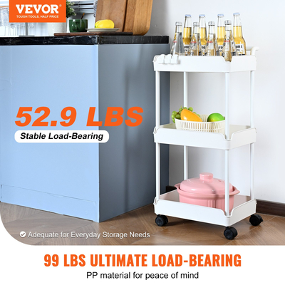VEVOR 3-Tier Rolling Utility Cart, Καρότσι Κουζίνας με Ρόδες που κλειδώνουν, Πολυλειτουργικό Καρότσι Αποθήκευσης με Λαβή για Γραφείο, Σαλόνι, Κουζίνα, Ράφια οργάνωσης κινητού καλαθιού αποθήκευσης, Λευκό