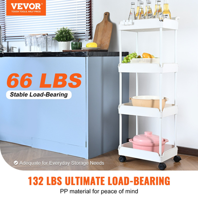 VEVOR 4-Tier Rolling Utility Cart, Kitchen Cart with Lockable Rochs, Multi-functional Storlley Storley with Handle for Office, Καθιστικό, Κουζίνα, Ράφια οργάνωσης καλαθιών κινητής αποθήκευσης, λευκό