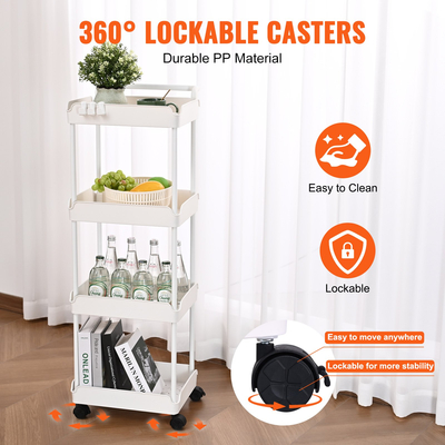 VEVOR 4-Tier Rolling Utility Cart, Kitchen Cart with Lockable Rochs, Multi-functional Storlley Storley with Handle for Office, Καθιστικό, Κουζίνα, Ράφια οργάνωσης καλαθιών κινητής αποθήκευσης, λευκό