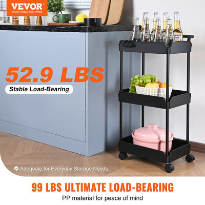 VEVOR 3-Tier Rolling Utility Cart, Kitchen Cart with Lockable Rochs, Multi-functional Storley Trolley with Handle for Office, Καθιστικό, Κουζίνα, Ράφια οργάνωσης καλαθιού κινητής αποθήκευσης, μαύρο