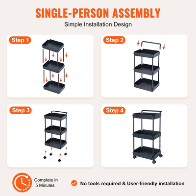 VEVOR 3-Tier Rolling Utility Cart, Kitchen Cart with Lockable Rochs, Multi-functional Storley Trolley with Handle for Office, Καθιστικό, Κουζίνα, Ράφια οργάνωσης καλαθιού κινητής αποθήκευσης, μαύρο