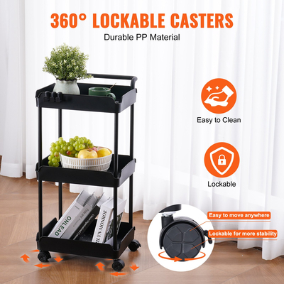 VEVOR 3-Tier Rolling Utility Cart, Kitchen Cart with Lockable Rochs, Multi-functional Storley Trolley with Handle for Office, Καθιστικό, Κουζίνα, Ράφια οργάνωσης καλαθιού κινητής αποθήκευσης, μαύρο
