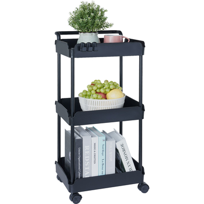 VEVOR 3-Tier Rolling Utility Cart, Kitchen Cart with Lockable Rochs, Multi-functional Storley Trolley with Handle for Office, Καθιστικό, Κουζίνα, Ράφια οργάνωσης καλαθιού κινητής αποθήκευσης, μαύρο