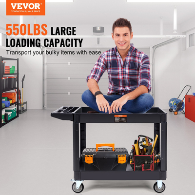 VEVOR Utility Service Cart, 2 Shelf 550LBS Heavy Duty Plastic Rolling Utility Cart με περιστρεφόμενους τροχούς 360° (2 με φρένα), μεγάλο ράφι με χείλη, εργονομική λαβή αποθήκευσης για αποθήκη/Γκαράζ/Καθαρισμό