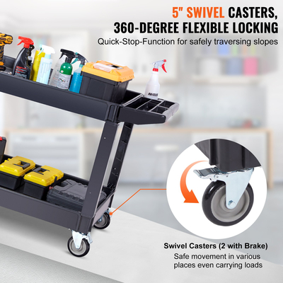 VEVOR Utility Service Cart, 2 Shelf 550LBS Heavy Duty Plastic Rolling Utility Cart με περιστρεφόμενους τροχούς 360° (2 με φρένα), μεγάλο ράφι με χείλη, εργονομική λαβή αποθήκευσης για αποθήκη/Γκαράζ/Καθαρισμό